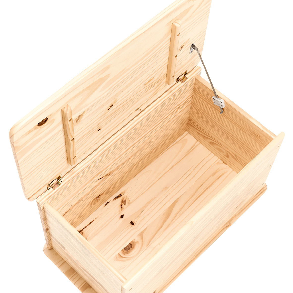 Geöffnete Aufbewahrungstruhe aus hellem Holz mit sichtbaren Scharnieren und Stütze, von oben betrachtet.