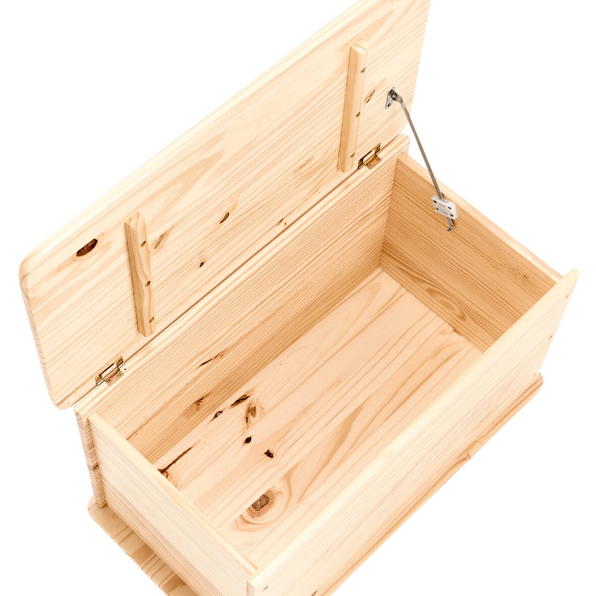 Geöffnete Aufbewahrungstruhe aus hellem Holz mit sichtbaren Scharnieren und Stütze, von oben betrachtet.