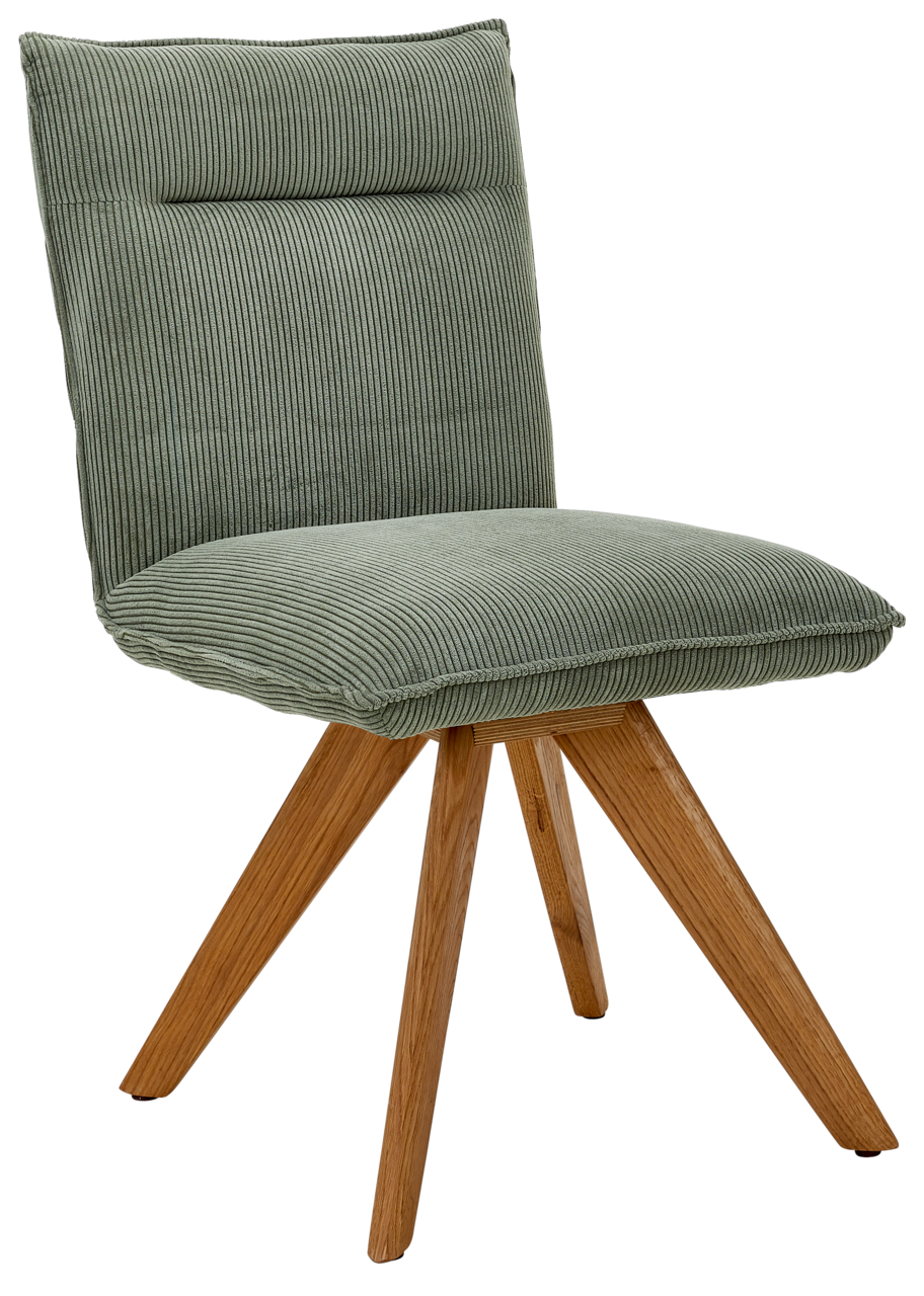 Johann Jakob Stuhl CALAS Grüner Stuhl mit gepolsterter Rückenlehne und Sitzfläche, Holzbeine, seitliche Perspektive