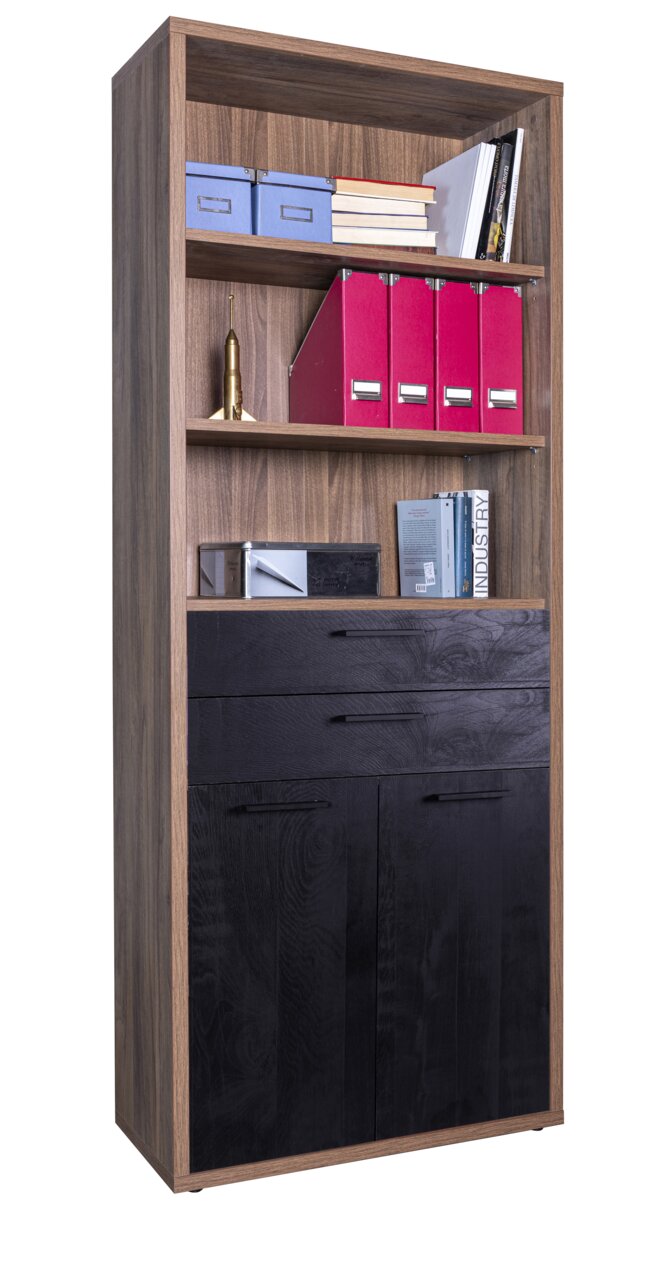 Hochformatiges Regal mit Holzoptik, schwarzen Schubladen und Türen, sowie offenen Fächern mit Büchern und Ordnern, frontal betrachtet.