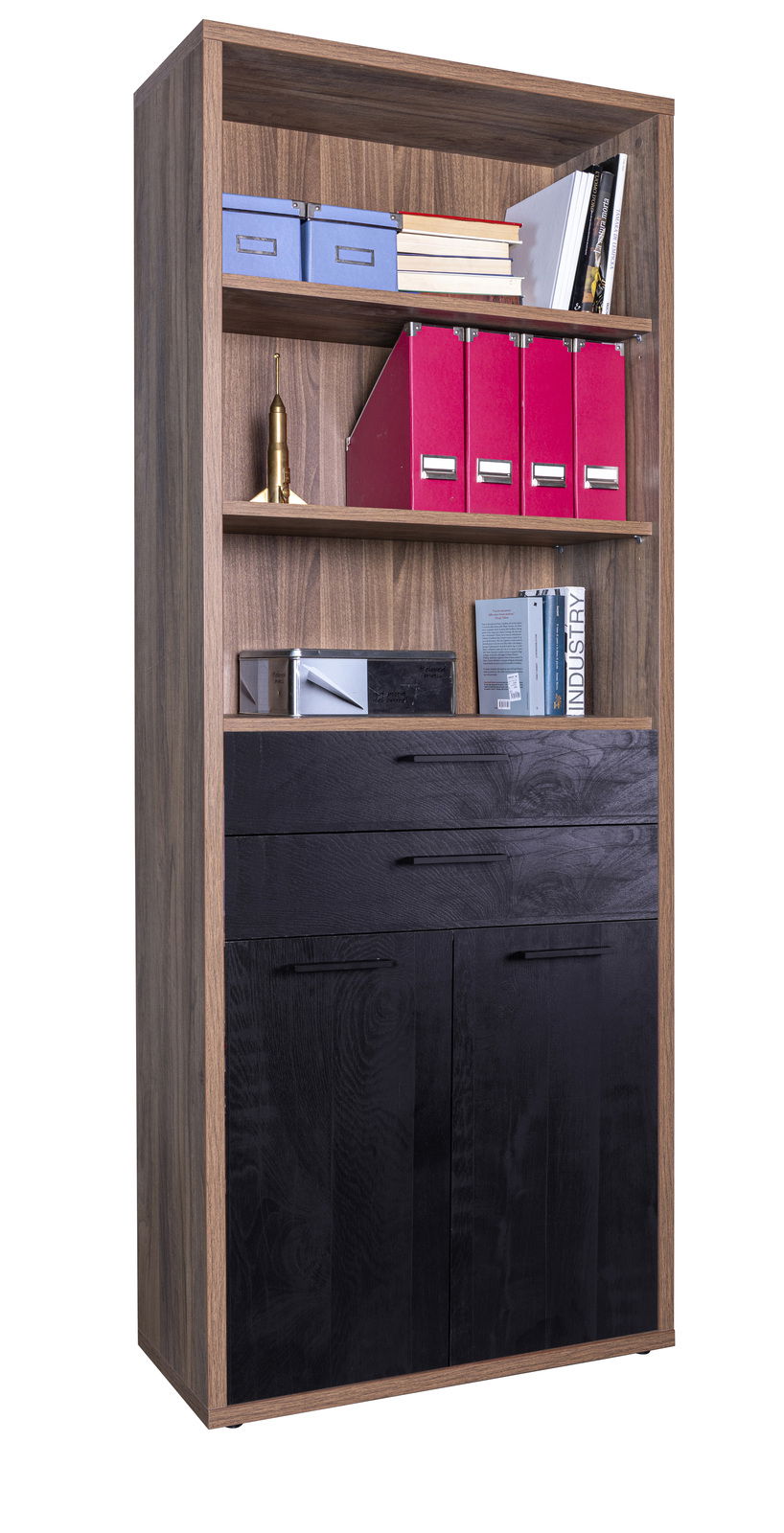 Hochformatiges Regal mit Holzoptik, schwarzen Schubladen und Türen, sowie offenen Fächern mit Büchern und Ordnern, frontal betrachtet.