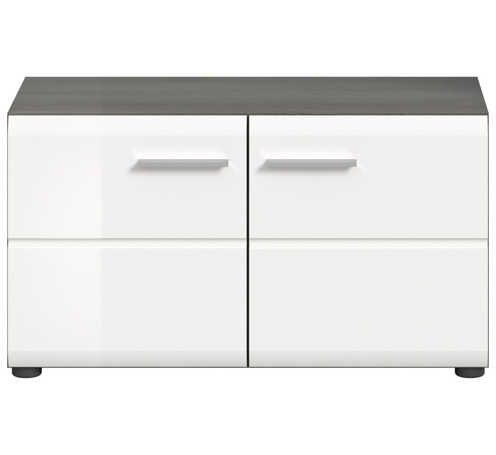 Moderne Sitzbank mit weißer Front und dunkler Holzoberfläche, Frontalansicht