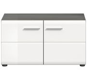 Moderne Sitzbank mit weißer Front und dunkler Holzoberfläche, Frontalansicht