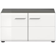 Moderne Sitzbank mit weißer Front und dunkler Holzoberfläche, Frontalansicht