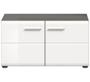 Moderne Sitzbank mit weißer Front und dunkler Holzoberfläche, Frontalansicht