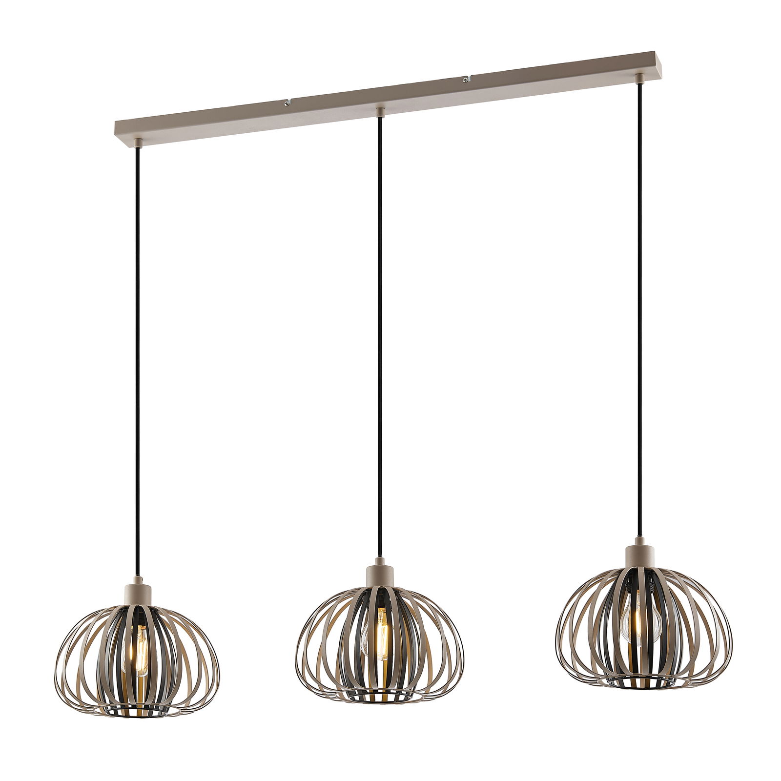 Moderne Hängeleuchte mit drei kugelförmigen Lampenschirmen aus Metall, frontal betrachtet.