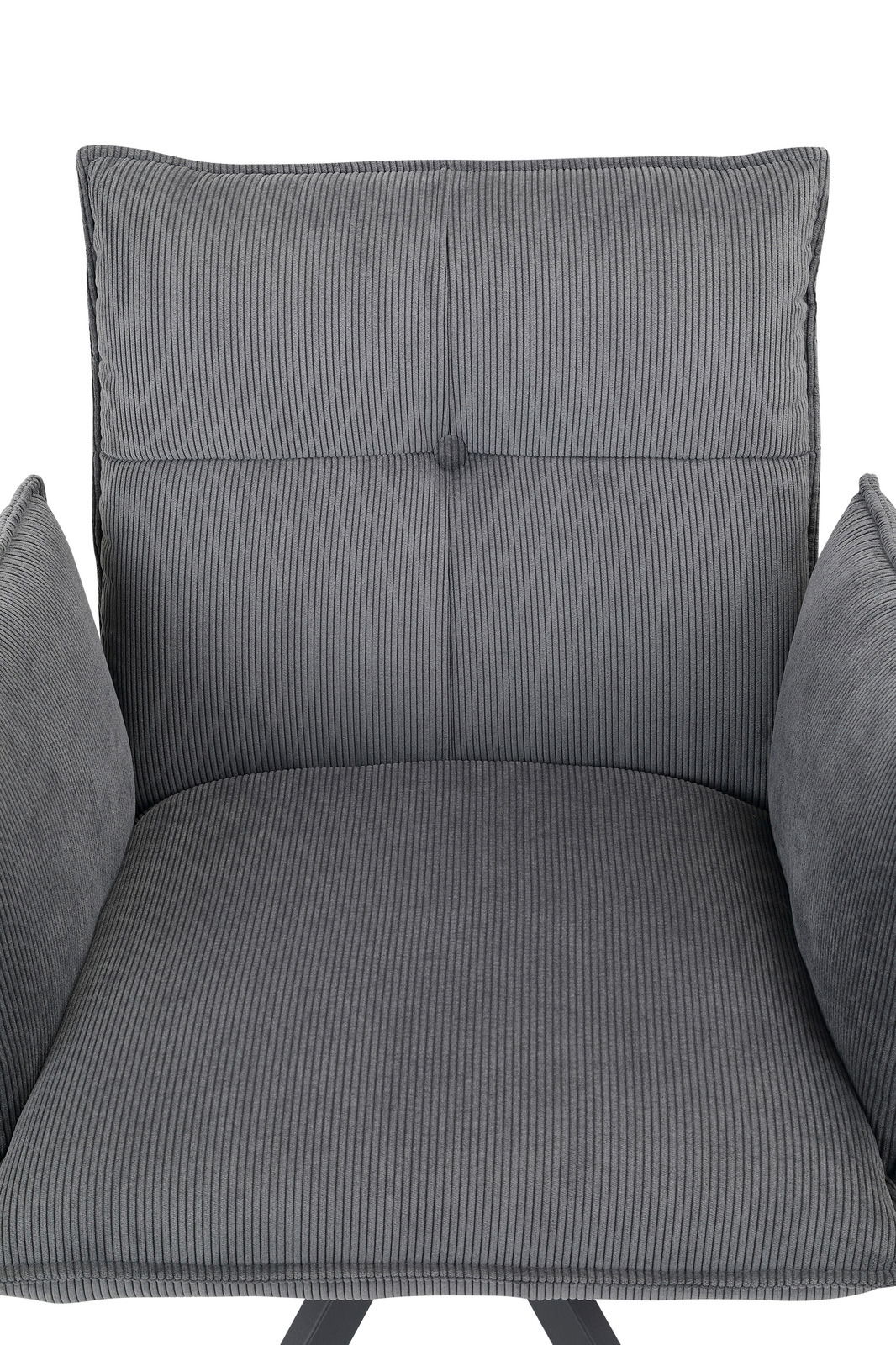 Grauer Armlehnstuhl mit gestreiftem Stoffbezug, Vorderansicht