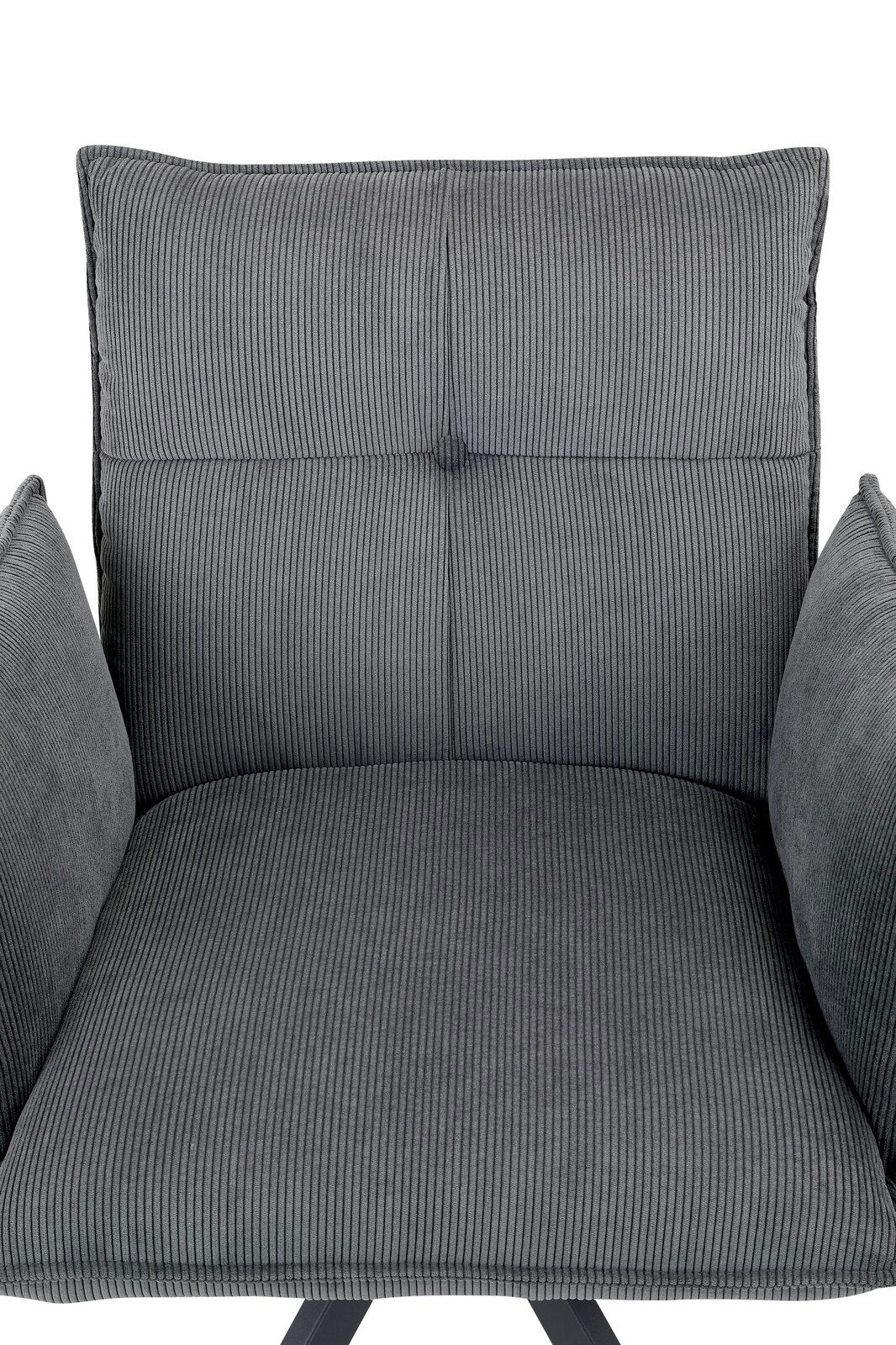 Grauer Armlehnstuhl mit gestreiftem Stoffbezug, Vorderansicht