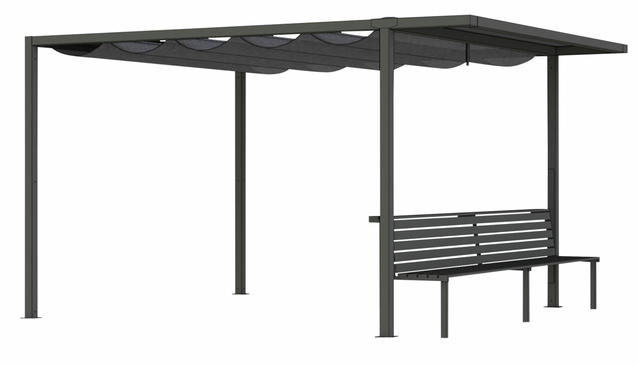 Metallbank mit Überdachung, seitliche Perspektive