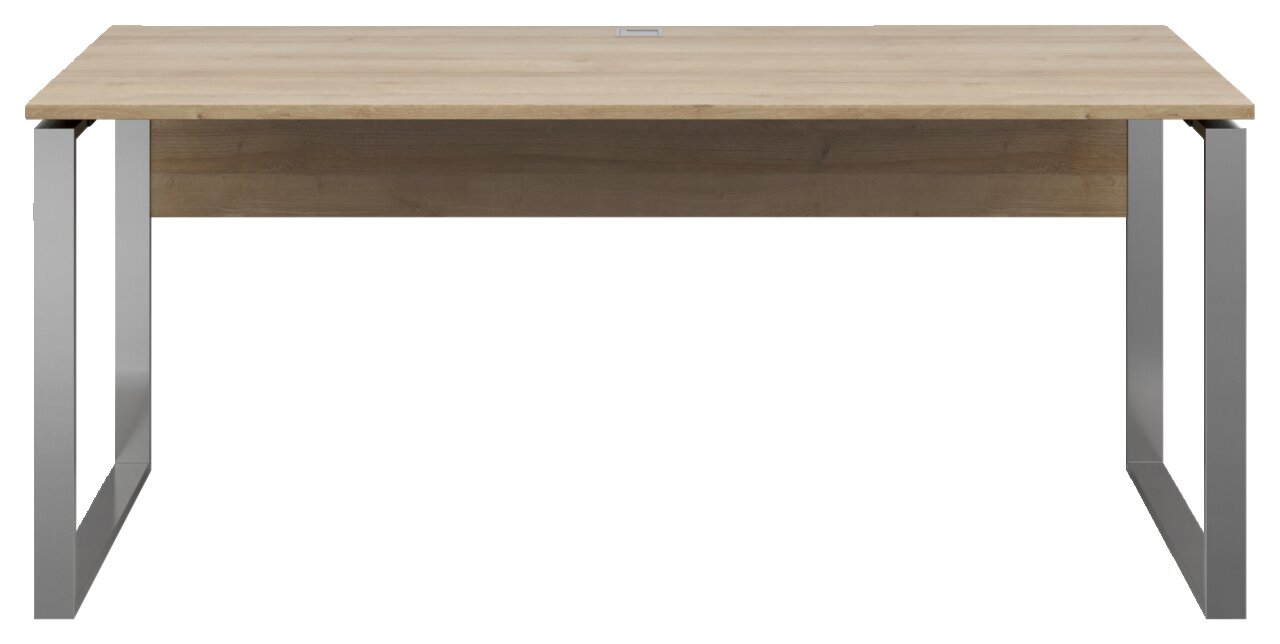 Moderner Schreibtisch mit Holzplatte und Metallbeinen, Frontalansicht