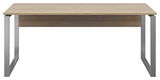 Moderner Schreibtisch mit Holzplatte und Metallbeinen, Frontalansicht
