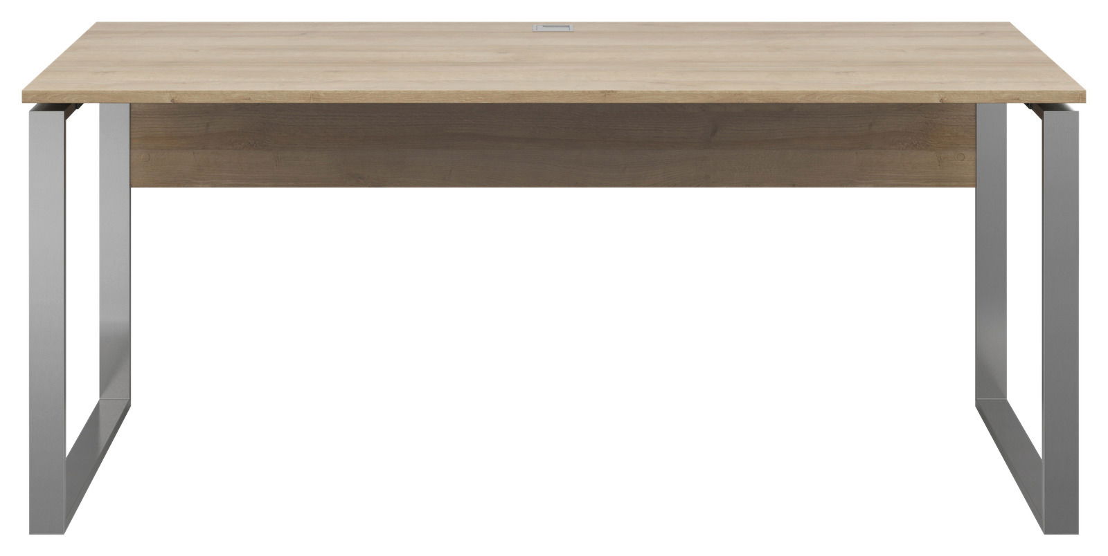 Moderner Schreibtisch mit Holzplatte und Metallbeinen, Frontalansicht