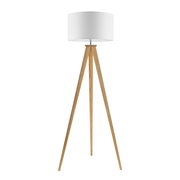 Moderne Stehleuchte mit dreibeinigem Holzgestell und weißem Lampenschirm, Frontalansicht.