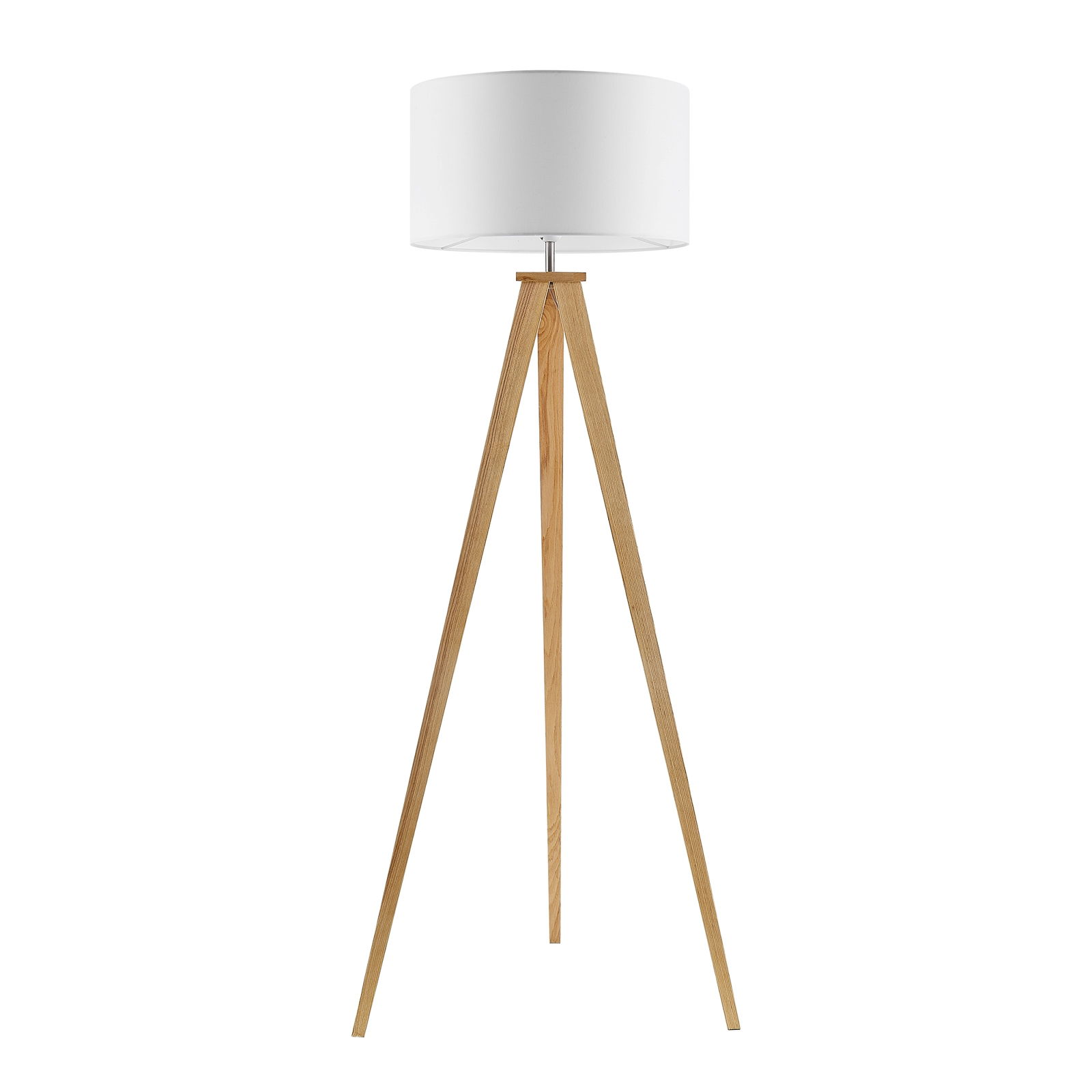 Moderne Stehleuchte mit dreibeinigem Holzgestell und weißem Lampenschirm, Frontalansicht.