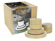 Tellerset Futuro White Sand 12, bestehend aus stapelbaren Tellern und Schalen in sandfarbenem Design, seitliche Perspektive