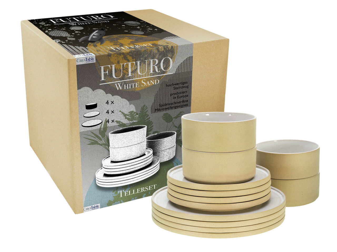 Tellerset Futuro White Sand 12, bestehend aus stapelbaren Tellern und Schalen in sandfarbenem Design, seitliche Perspektive