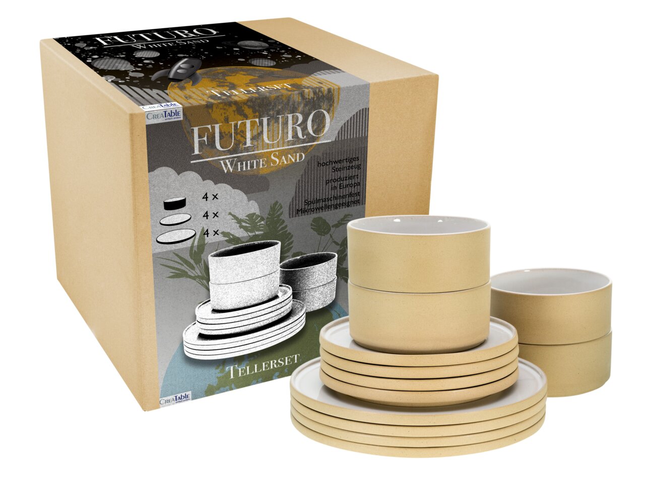 Tellerset Futuro White Sand 12, bestehend aus stapelbaren Tellern und Schalen in sandfarbenem Design, seitliche Perspektive