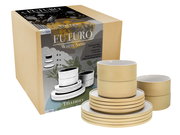 Tellerset Futuro White Sand 12, bestehend aus stapelbaren Tellern und Schalen in sandfarbenem Design, seitliche Perspektive