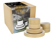 Tellerset Futuro White Sand 12, bestehend aus stapelbaren Tellern und Schalen in sandfarbenem Design, seitliche Perspektive