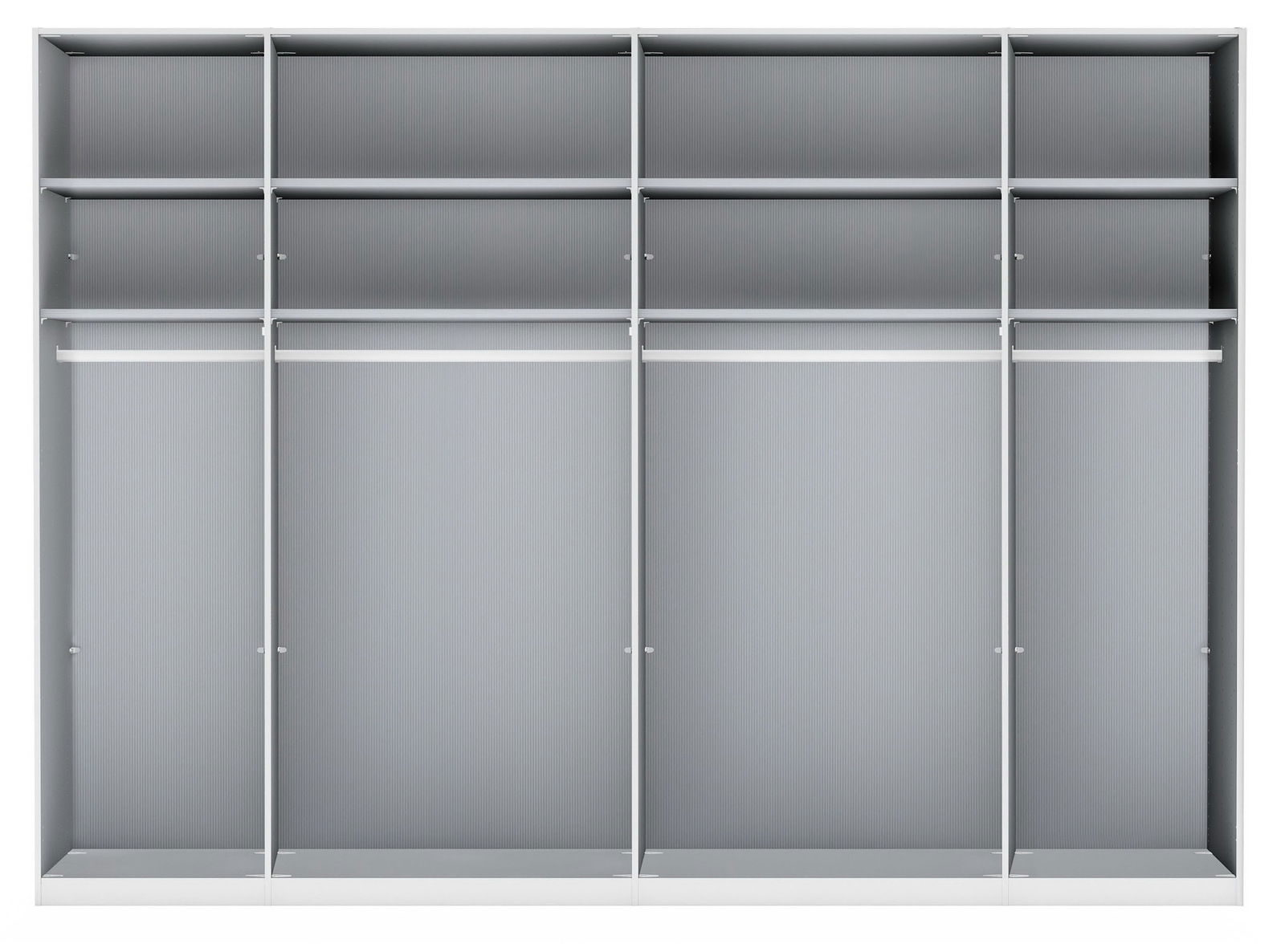 Frontale Ansicht eines sechstürigen Drehtürenschranks mit offenen Fächern und Kleiderstangen.