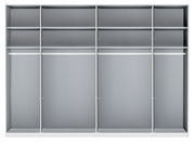 Frontale Ansicht eines sechstürigen Drehtürenschranks mit offenen Fächern und Kleiderstangen.