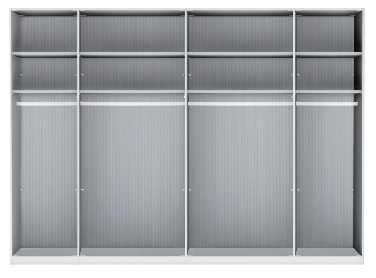 Frontale Ansicht eines sechstürigen Drehtürenschranks mit offenen Fächern und Kleiderstangen.