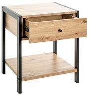 Nachtkommode aus Holz mit schwarzem Metallrahmen, Schublade geöffnet, seitliche Perspektive