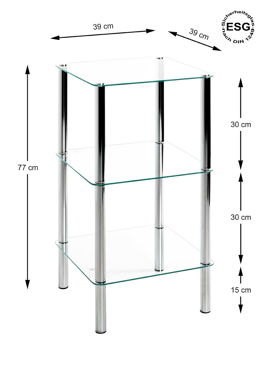 Dreistufiges Glasregal mit drei quadratischen ESG-Sicherheitsglasböden (39 x 39 cm) und verchromten Metallrohren, Gesamthöhe ca. 77 cm, Ansicht schräg von vorn mit Maßangaben.