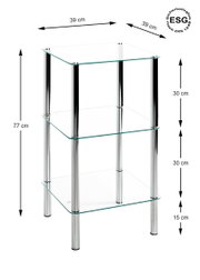 Dreistufiges Glasregal mit drei quadratischen ESG-Sicherheitsglasböden (39 x 39 cm) und verchromten Metallrohren, Gesamthöhe ca. 77 cm, Ansicht schräg von vorn mit Maßangaben.