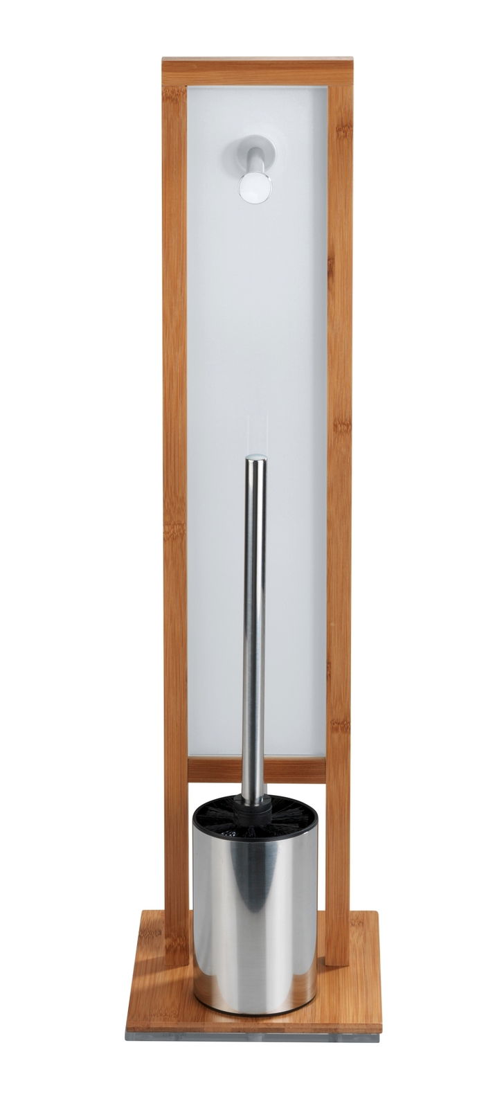 Frontansicht einer Stand WC-Garnitur aus Bambus mit Edelstahl-Elementen, bestehend aus einem Toilettenbürstenhalter und einer Halterung für Toilettenpapier.