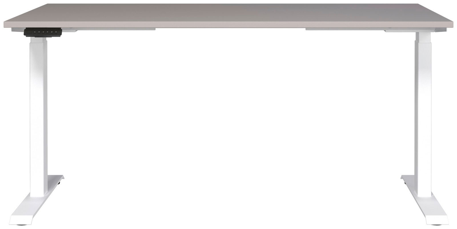 Elektrisch höhenverstellbarer Schreibtisch in Frontalansicht mit weißem Gestell und grauer Tischplatte.
