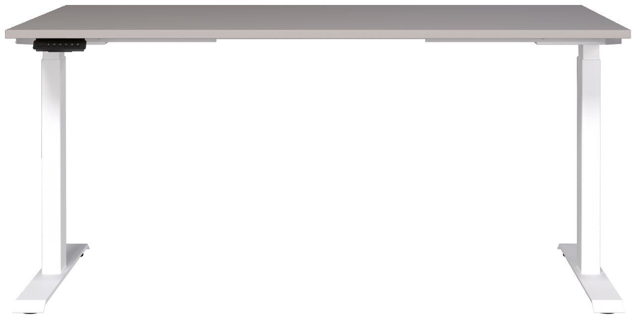 Elektrisch höhenverstellbarer Schreibtisch in Frontalansicht mit weißem Gestell und grauer Tischplatte.