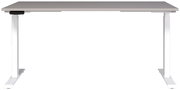 Elektrisch höhenverstellbarer Schreibtisch in Frontalansicht mit weißem Gestell und grauer Tischplatte.