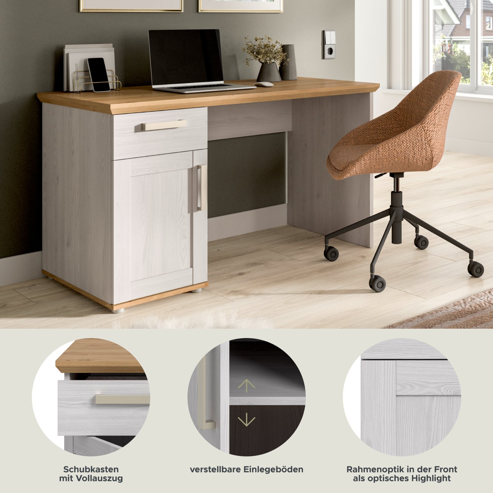 Moderner Schreibtisch in Weiß und Eiche-Optik mit Schublade und Tür, im Homeoffice-Setting mit Laptop; Ansicht schräg von vorne links