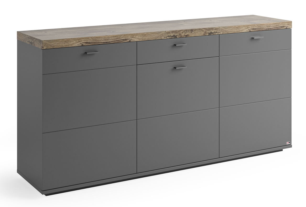 Set one by Musterring Sideboard SET ONE LANCASTER Graues Sideboard mit Holzplatte, frontal fotografiert