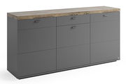 Graues Sideboard mit Holzplatte, frontal fotografiert
