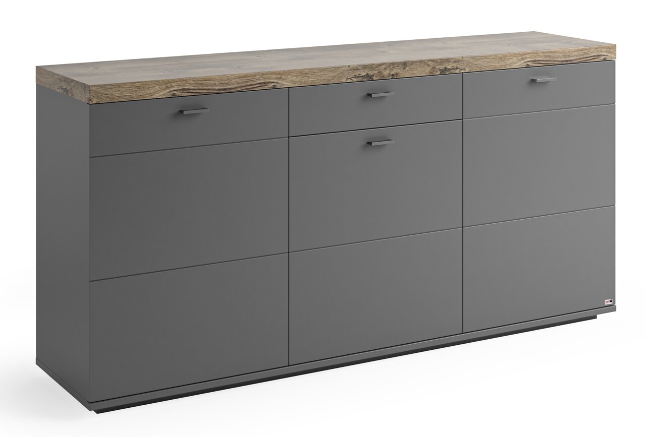 Graues Sideboard mit Holzplatte, frontal fotografiert