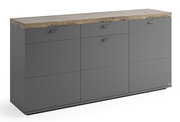 Graues Sideboard mit Holzplatte, frontal fotografiert
