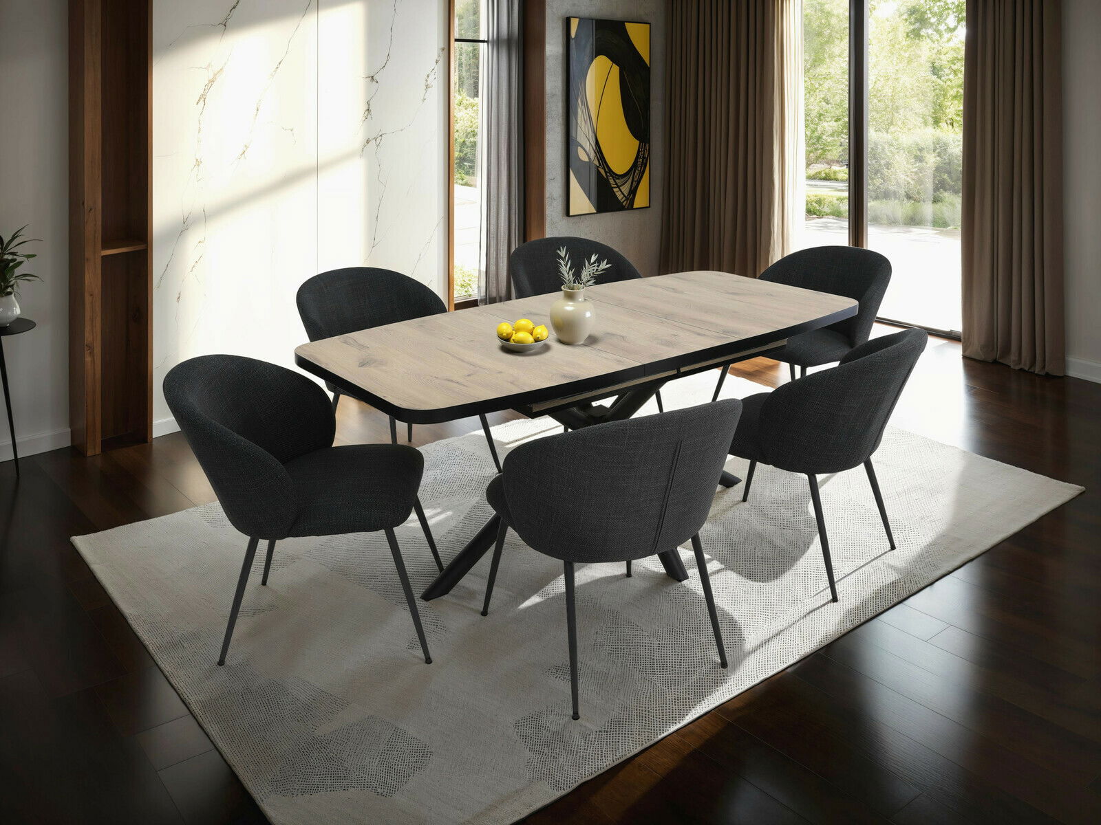 Z2 Esstisch TOKIO Moderner Esstisch mit Holzplatte und schwarzen Stühlen, seitliche Perspektive
