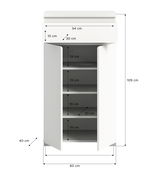 Weißer Schuhschrank mit zwei Türen und vier Einlegeböden, frontal abgebildet. Maße: 109 cm hoch, 60 cm breit, 40 cm tief.