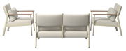 Gartenlounge-Set bestehend aus zwei Sesseln und einem Sofa in hellem Beige, mit Holzarmlehnen, aus der Rückansicht fotografiert.