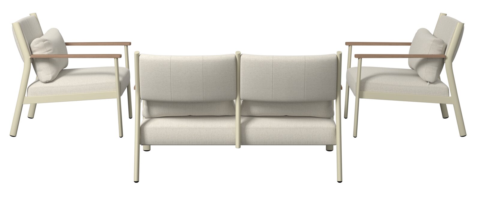 Gartenlounge-Set bestehend aus zwei Sesseln und einem Sofa in hellem Beige, mit Holzarmlehnen, aus der Rückansicht fotografiert.