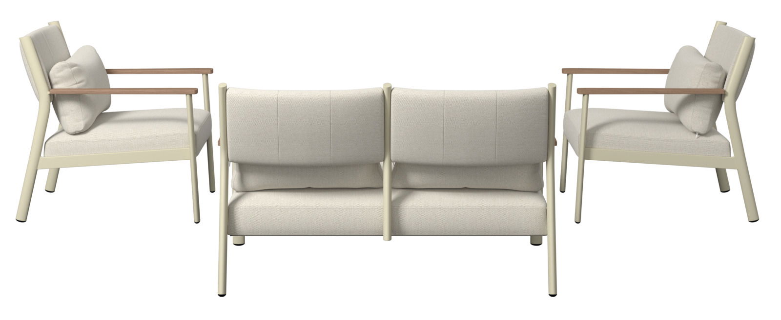 Gartenlounge-Set bestehend aus zwei Sesseln und einem Sofa in hellem Beige, mit Holzarmlehnen, aus der Rückansicht fotografiert.