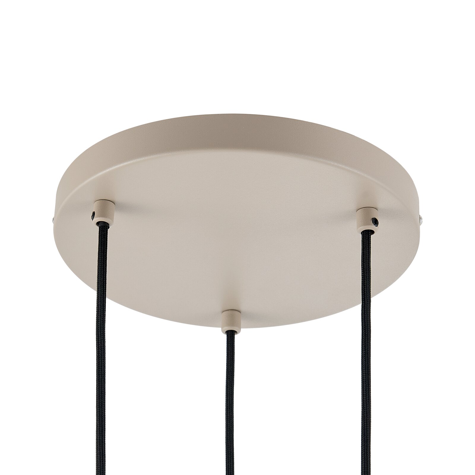 Onderaanzicht van een ronde, beige plafondbevestiging met drie zwarte kabels voor een hanglamp.
