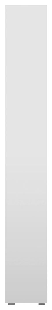 Frontansicht eines hohen, schmalen Regals mit mehreren Ebenen in schlichtem Design.