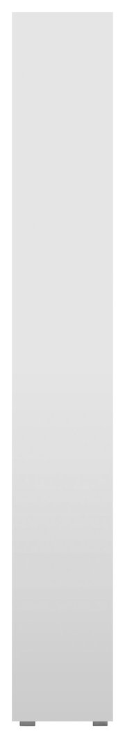 Frontansicht eines hohen, schmalen Regals mit mehreren Ebenen in schlichtem Design.