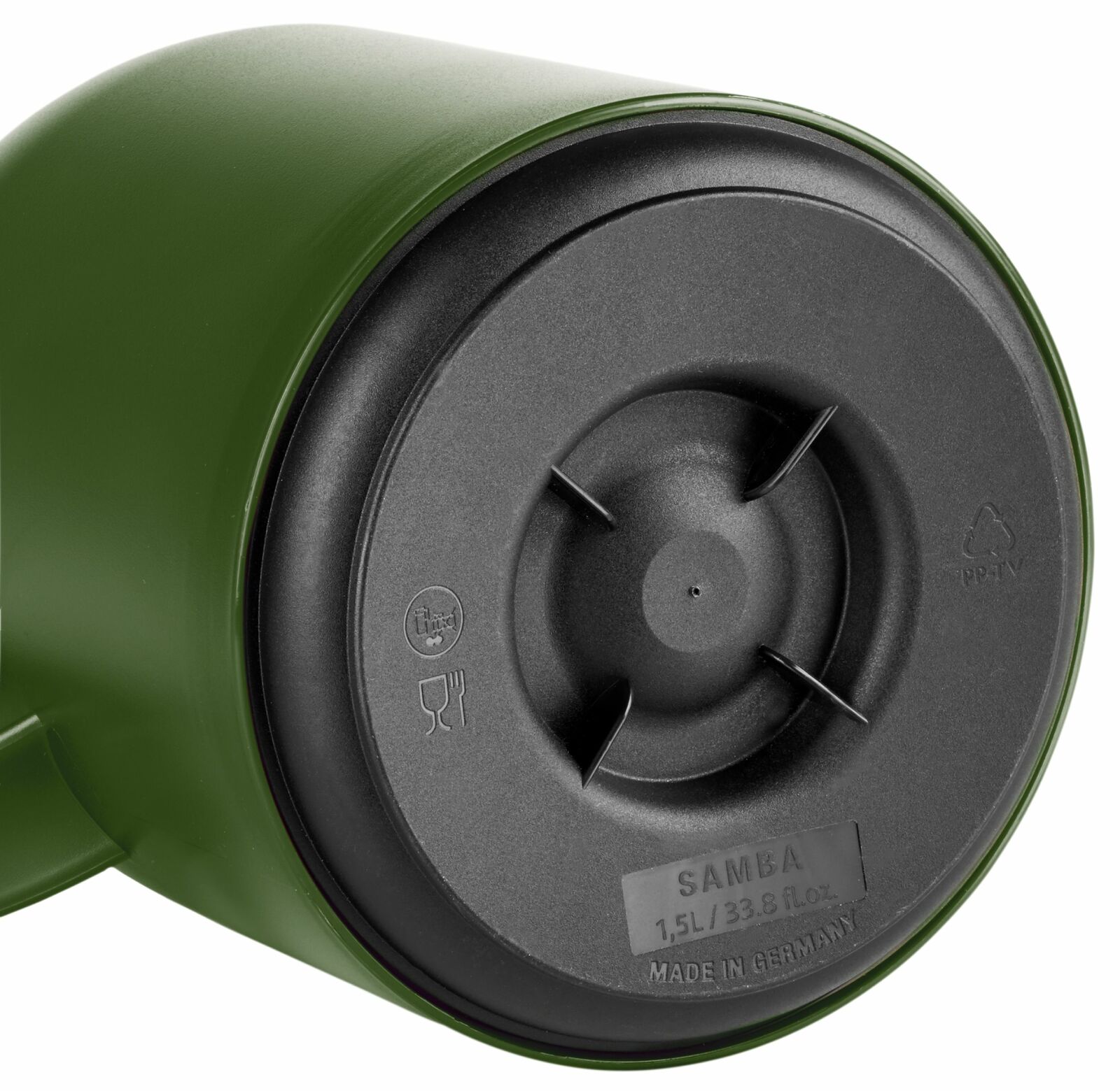 Grüne Isolierkanne SAMBA 1,5L, Ansicht von unten mit Bodenkennzeichnungen.