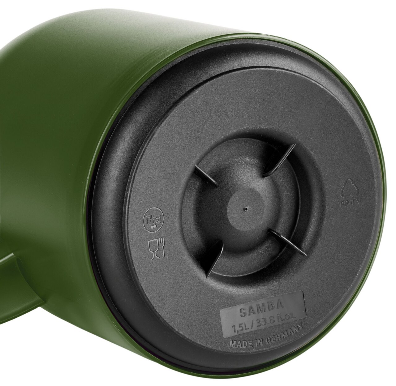 Groene thermoskan SAMBA 1,5 l, onderaanzicht met markeringen op de bodem.