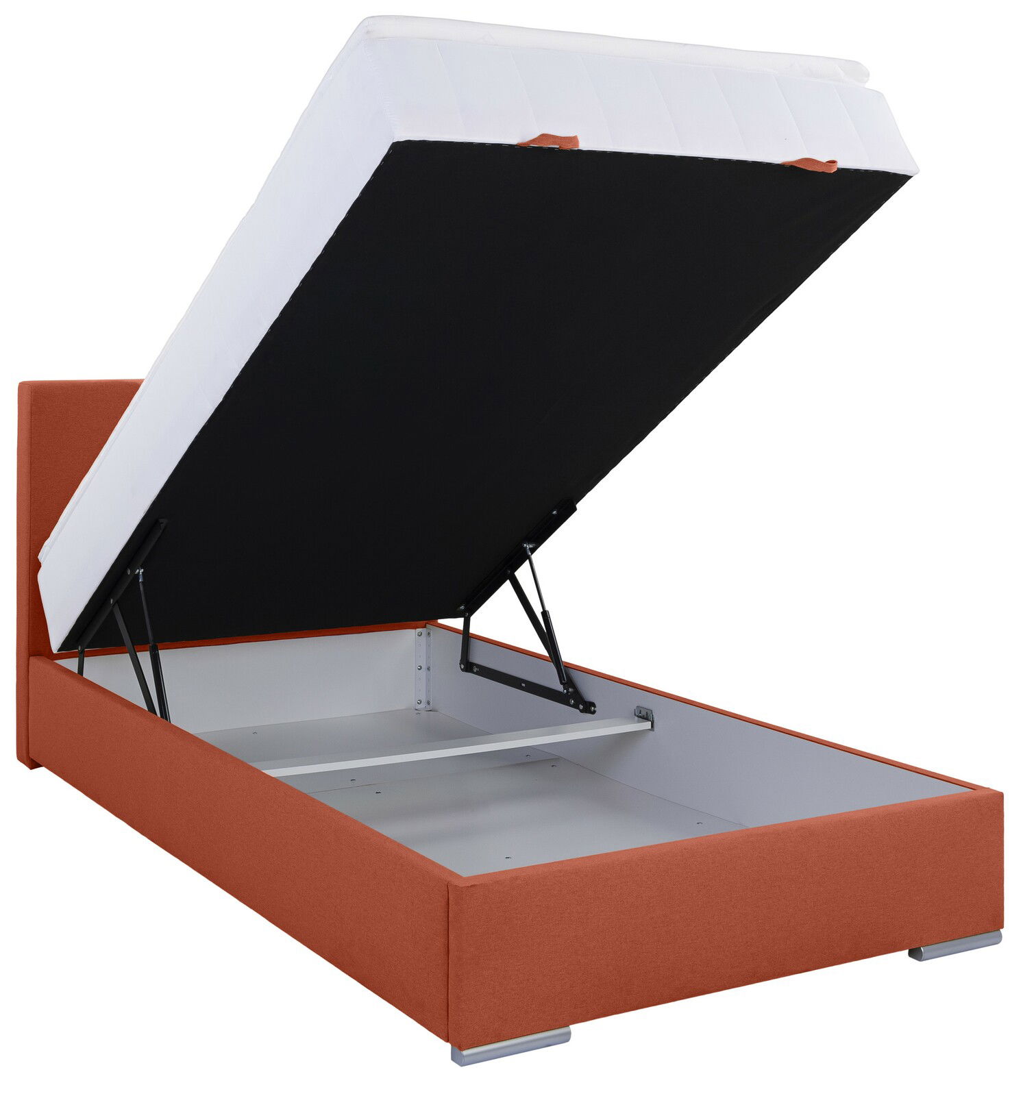 Boxbett 120 mit hochgeklappter Matratze, seitliche Perspektive