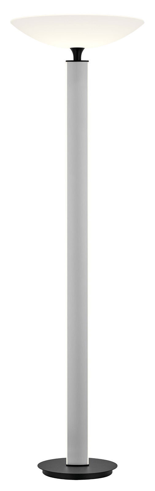 Moderne LED-Stehleuchte in silberner Farbe mit rundem Sockel und breitem, flachem Lampenschirm, frontal abgebildet.